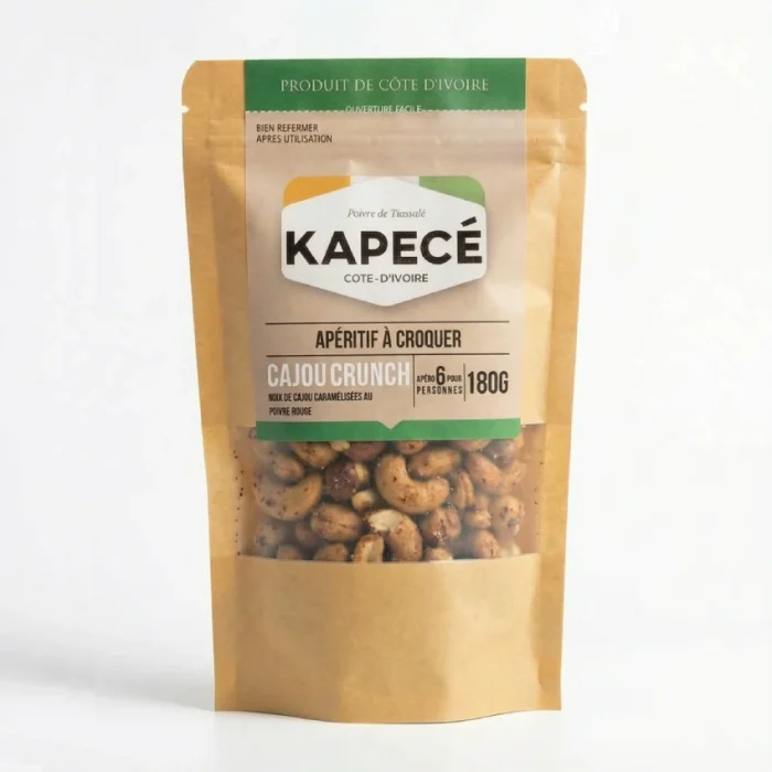 Cajou crunch caramélisées au poivre rouge Kapecé, apéritif croquant de Côte d’Ivoire, sachet de 180 g