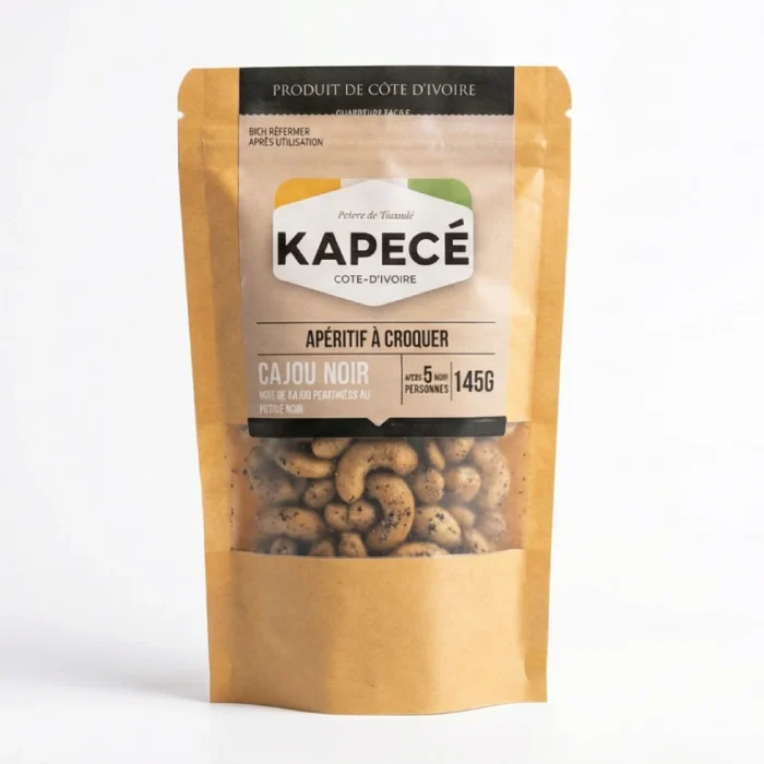 Noix de cajou grillées au poivre noir Kapecé, apéritif croquant de Côte d’Ivoire, sachet de 145 g