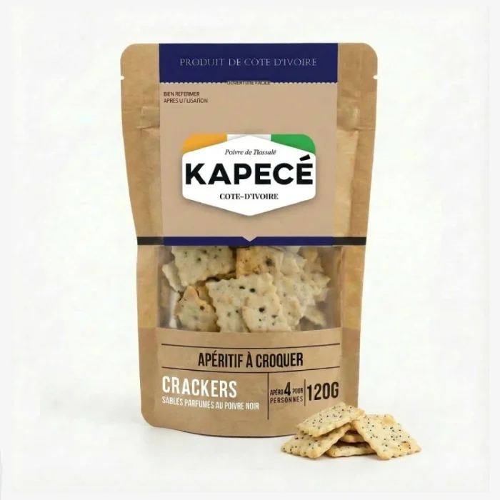 Crackers sablés au poivre noir Kapecé, apéritif croustillant de Côte d’Ivoire, sachet de 120 g