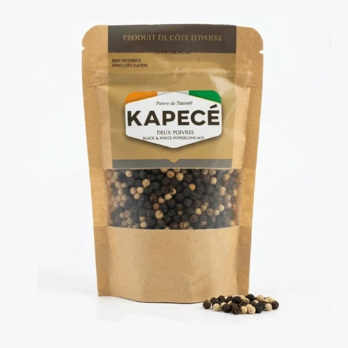 Duo de poivres noir et blanc en grains Kapecé de Côte d’Ivoire, format 90 g