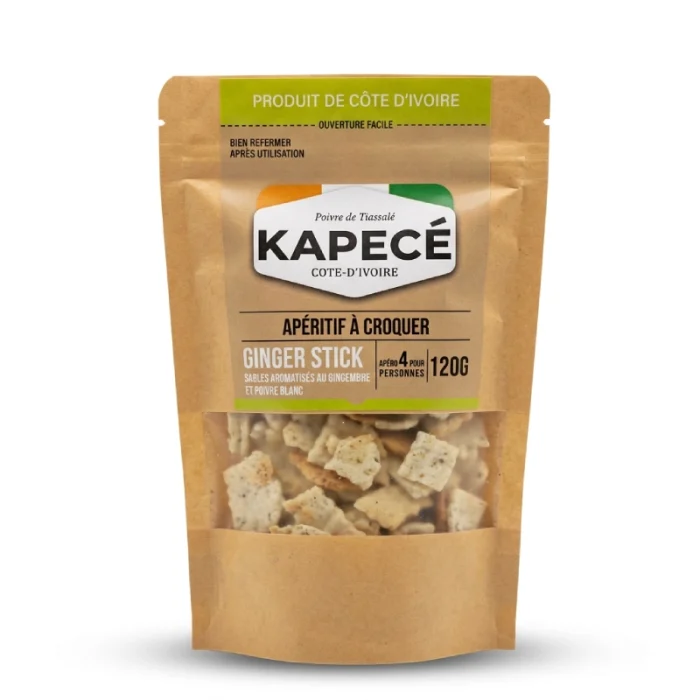 Crackers Ginger Stick Kapecé au gingembre et poivre blanc, apéritif croustillant de Côte d’Ivoire, sachet de 120 g