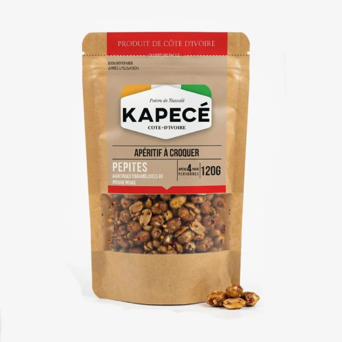 Pépites d’arachides caramélisées au poivre rouge Kapecé, apéritif gourmand de Côte d’Ivoire, sachet de 120 g