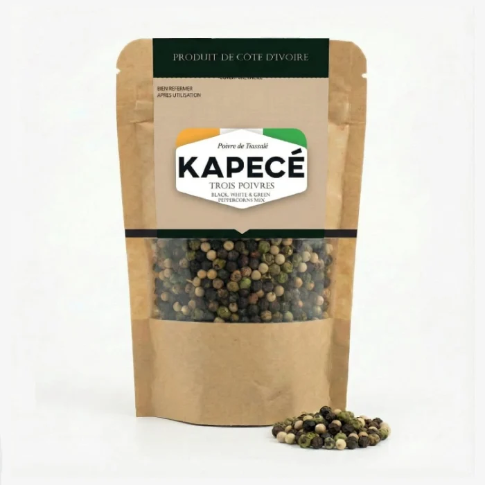 Trio de poivres noir, blanc et vert Kapecé de Tiassalé, sachet refermable de 90 g