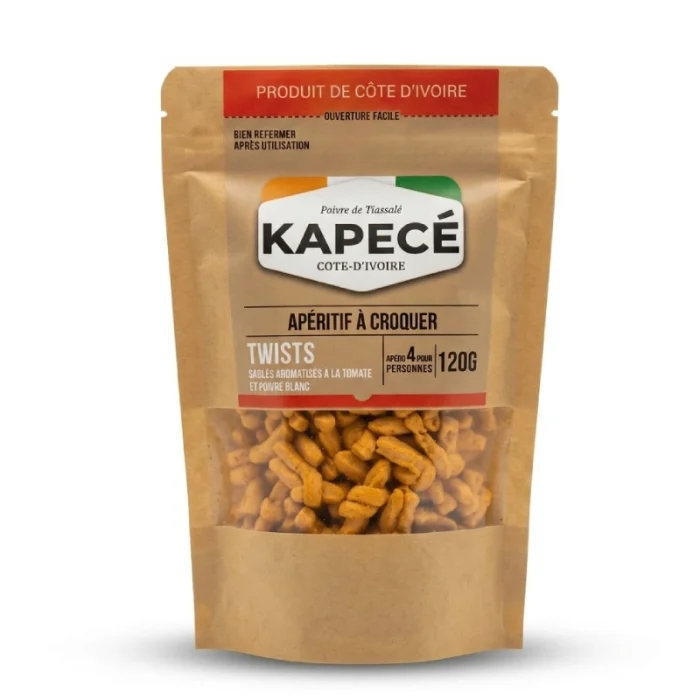 Twists tomate et poivre blanc Kapecé, apéritif croustillant premium de Côte d’Ivoire, 120 g