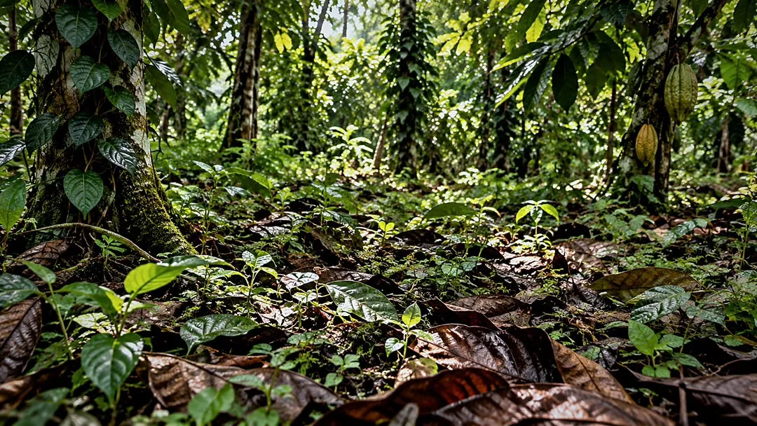 Sol de la plantation de Tiassalé couvert de feuilles mortes et de jeunes pousses, au pied de poivriers et de cacaoyers, sans intrant chimique