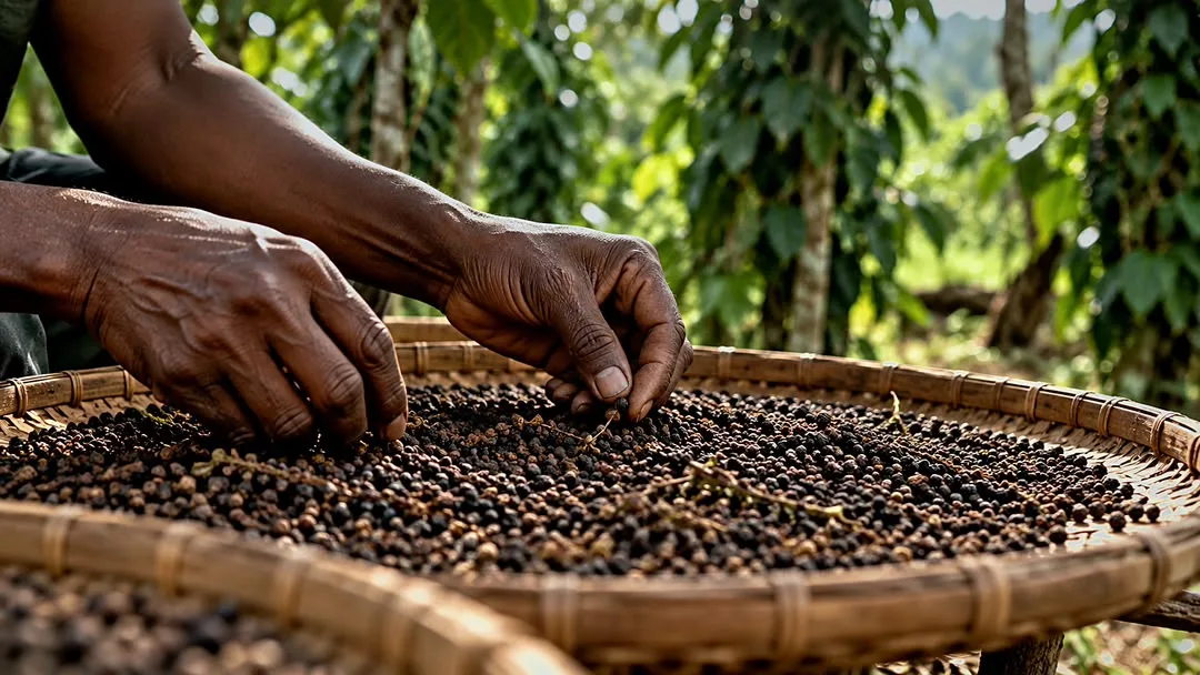 Mains d'un planteur triant à la main des grains de poivre noir sur un grand plateau en osier, dans la plantation de Tiassalé