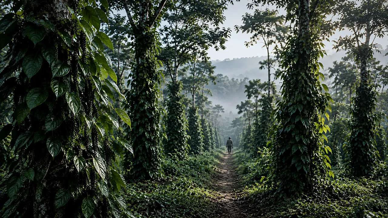 Liane de poivrier chargée de grappes de poivre vert, enroulée autour d'un tronc d'arbre vivant dans la plantation Kapecé