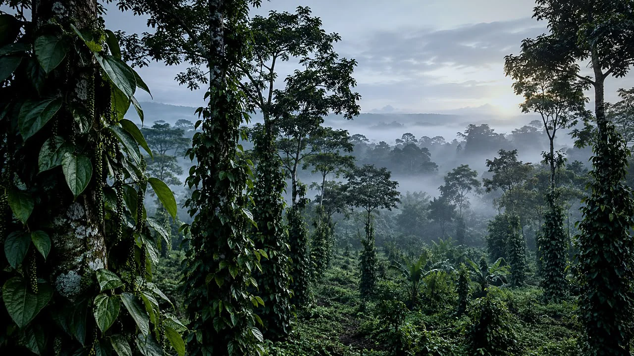 Un planteur marche sur un sentier entre des rangées de poivriers dans la plantation de Tiassalé, en Côte d'Ivoire